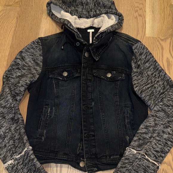 Free People Denim Jacket with Gray Sleeves and Hood - Picture 2 of 3
